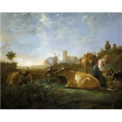 Вид на Дордрехт с дояркой, пастухами и коровами - Модульная картины, Репродукции, Декоративные панно, Декор стен