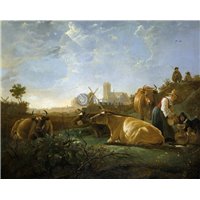 Портреты картины репродукции на заказ - Вид на Дордрехт с дояркой, пастухами и коровами