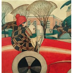 Дама в красном автомобиле с собакой - Модульная картины, Репродукции, Декоративные панно, Декор стен