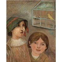 Портреты картины репродукции на заказ - Две девочки и клетка с канарейкой