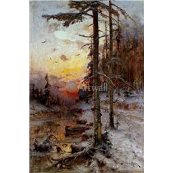 Закат в зимнем лесу с рекой - Модульная картины, Репродукции, Декоративные панно, Декор стен