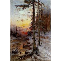 Портреты картины репродукции на заказ - Закат в зимнем лесу с рекой