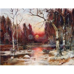 Закат в зимнем лесу с рекой - Модульная картины, Репродукции, Декоративные панно, Декор стен