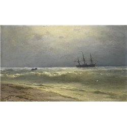 Вид на море с лодкой и кораблем
