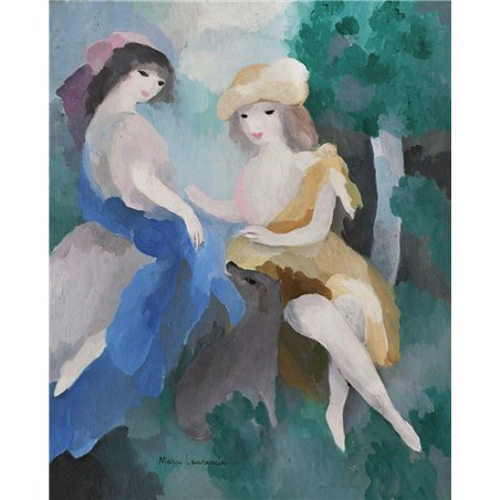 Две молодые девушки и собака в лесу