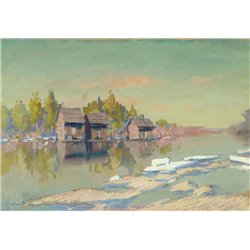 Дома в русском пейзаже и река