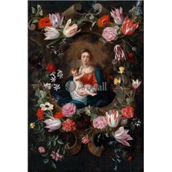 Мадонна с младенцем в цветочном картуше - Модульная картины, Репродукции, Декоративные панно, Декор стен