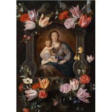Картина на холсте по фото Модульные картины Печать портретов на холсте Мадонна с младенцем в цветочном картуше