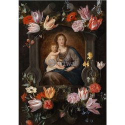 Мадонна с младенцем в цветочном картуше - Модульная картины, Репродукции, Декоративные панно, Декор стен
