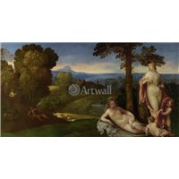 Портреты картины репродукции на заказ - Нимфы на фоне пейзажа с пастухами, последователь Джорджоне