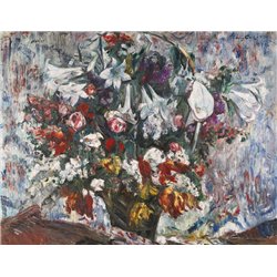 Корзина с цветами амариллиса, сирени, розы и тяльпанов