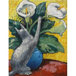 Кошка, играющая с цветами