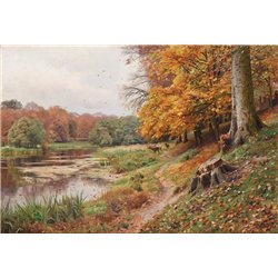 Осенний день в лесу, олень у озера - Модульная картины, Репродукции, Декоративные панно, Декор стен