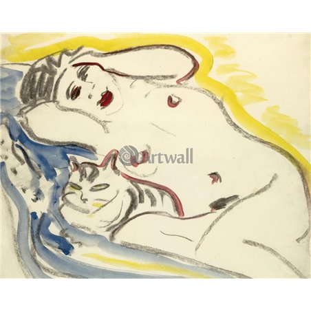 Лежащая обнаженная с кошкой