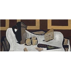 Кувшин, фрукты, сыр и нож