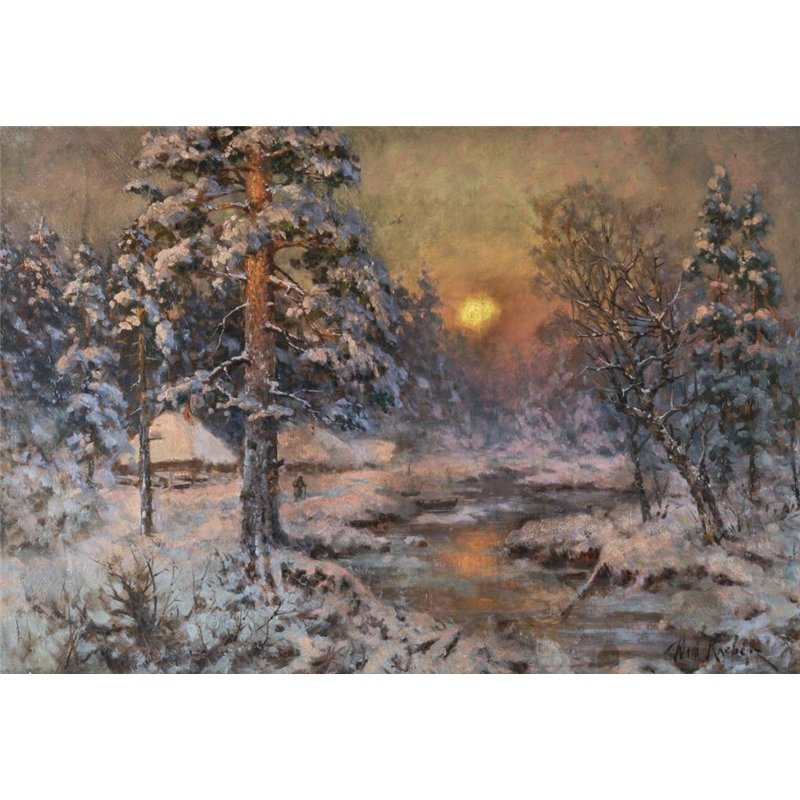 Лесной пейзаж с домами и ручьем