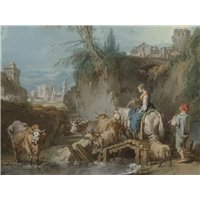 Портреты картины репродукции на заказ - Пейзаж с пастушкой и городом вдали
