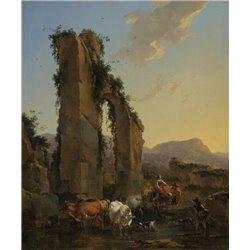 Пейзаж с пастухами и стадом у руин античного акведука - Модульная картины, Репродукции, Декоративные панно, Декор стен