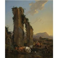 Портреты картины репродукции на заказ - Пейзаж с пастухами и стадом у руин античного акведука