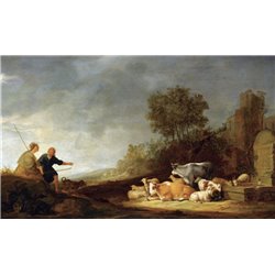 Пейзаж с пастухами и стадом у источника - Модульная картины, Репродукции, Декоративные панно, Декор стен
