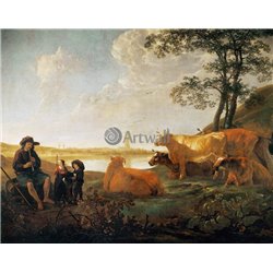 Пейзаж с пастухами и стадом на фоне Ренена - Модульная картины, Репродукции, Декоративные панно, Декор стен