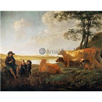 Портреты картины репродукции на заказ - Пейзаж с пастухами и стадом на фоне Ренена