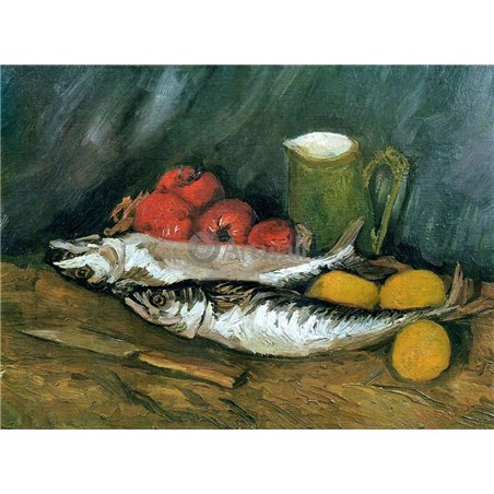 Натюрморт со скумбрией, лимонами и помидорами