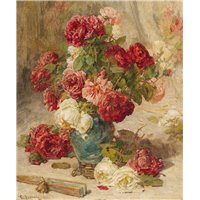 Портреты картины репродукции на заказ - Натюрморт с розами в вазе и веером