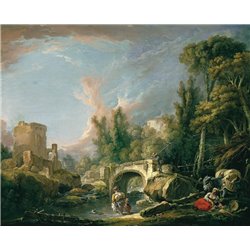 Речной пейзаж с руиной и мостом - Модульная картины, Репродукции, Декоративные панно, Декор стен