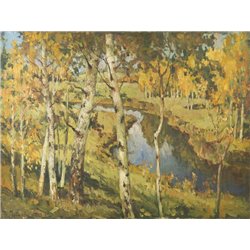 Пейзаж с березами и рекой