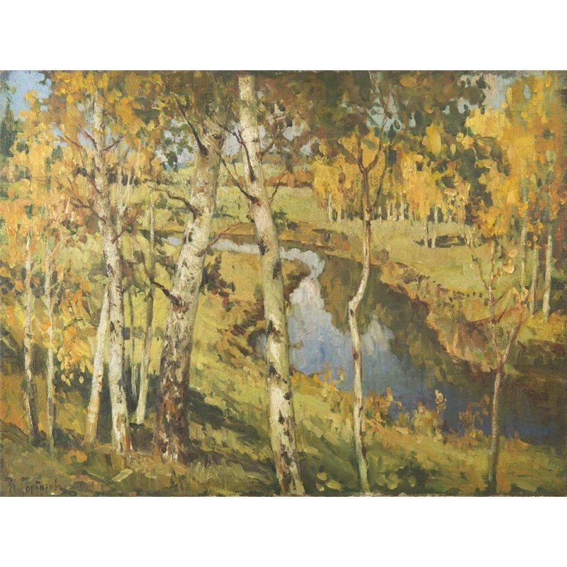 Пейзаж с березами и рекой