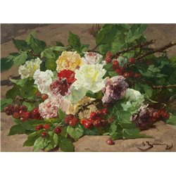 Розы и ветки вишни с ягодами - Модульная картины, Репродукции, Декоративные панно, Декор стен