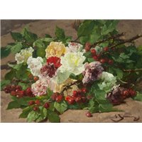 Портреты картины репродукции на заказ - Розы и ветки вишни с ягодами