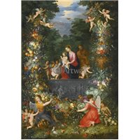 Портреты картины репродукции на заказ - Совместно с Хендриком ван Баленом - Святое семейство в гирлянде из цветов, фруктов и овощей, поддерживаемой ангелами