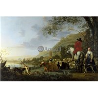 Портреты картины репродукции на заказ - Холмистый речной пейзаж с всадником, говорящим с пастушкой