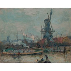 Старая мельница в гавани Роттердама, ветреный день - Модульная картины, Репродукции, Декоративные панно, Декор стен