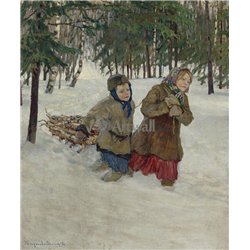 Тащат сани в зимнем лесу
