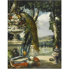 Картина на холсте по фото Модульные картины Печать портретов на холсте Натюрморт с цветами, фруктами, павлином и японской фазой на фоне пейзажа