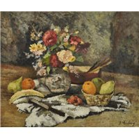 Портреты картины репродукции на заказ - Натюрморт с цветами, фруктами и ножом