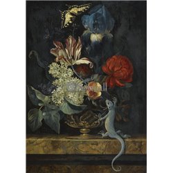 Натюрморт с вазой цветов и ящерицей - Модульная картины, Репродукции, Декоративные панно, Декор стен