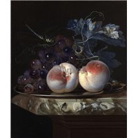Портреты картины репродукции на заказ - Натюрморт с двумя персиками и гроздь винограда на серебряной пластине