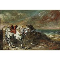 Портреты картины репродукции на заказ - Лошадь с красным седлом недалеко от моря