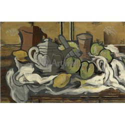 Чайник, кувшин, стакан и фрукты