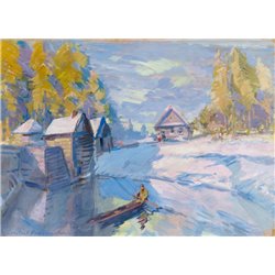 Зимний пейзаж с лодкой - Модульная картины, Репродукции, Декоративные панно, Декор стен