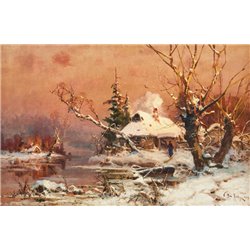 Зимний пейзаж с домом у озера - Модульная картины, Репродукции, Декоративные панно, Декор стен