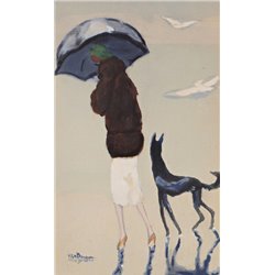 Женщина под зонтиком с собакой - Модульная картины, Репродукции, Декоративные панно, Декор стен