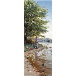 Девушка на берегу озера - Модульная картины, Репродукции, Декоративные панно, Декор стен