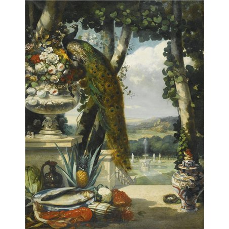 Натюрморт с цветами, фруктами, павлином и японской фазой на фоне пейзажа