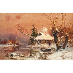 Зимний пейзаж с домом у озера
