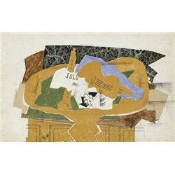 Желтый журнальный столик с кларнетом и гитарой